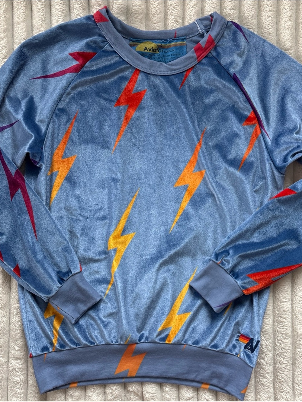 Aviator Nation Small Velour Lightning Bolt Raglan Crewneck Sweatshirt Blue